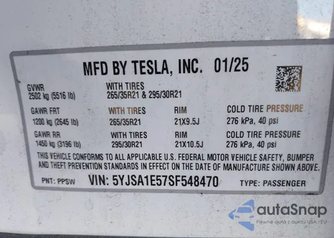 2025 Tesla Model S Rear-Wheel Drive from USA, damaged, VIN 5YJSA1E57SF548470
